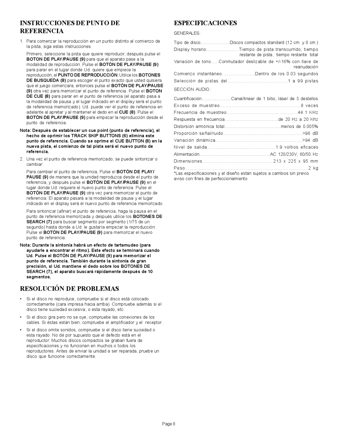 Gemini CDJ-10 Instrucciones DE Punto DE Referencia, Resolución DE Problemas, Especificaciones, Generales, Sección Audio 