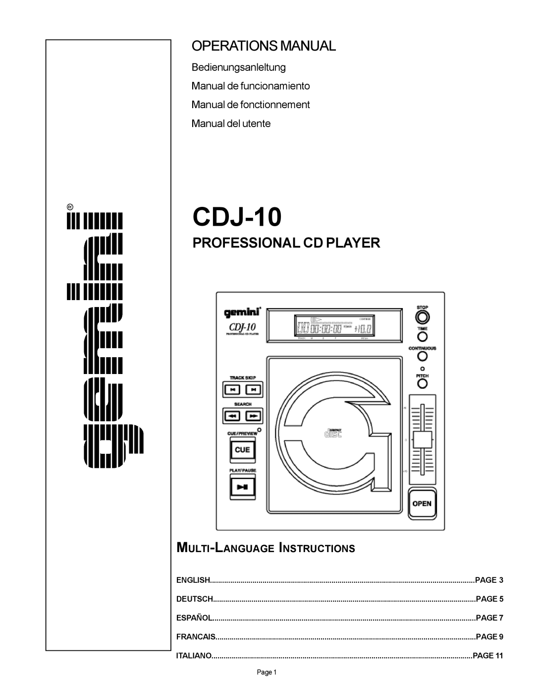 Gemini CDJ-10 manual Operations Manual, Professional Cd Player, Bedienungsanleltung Manual de funcionamiento, English 