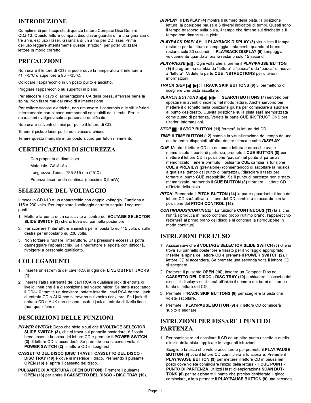 Gemini CDJ-10 manual Introduzione, Precauzioni, Certificazioni Di Sicurezza, Selezione Del Voltaggio, Collegamenti 