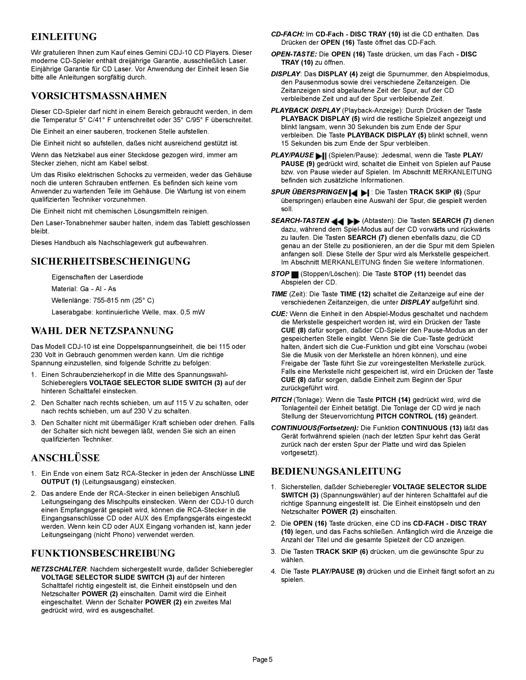 Gemini CDJ-10 manual Einleitung, Vorsichtsmassnahmen, Sicherheitsbescheinigung, Wahl Der Netzspannung, Anschlüsse 