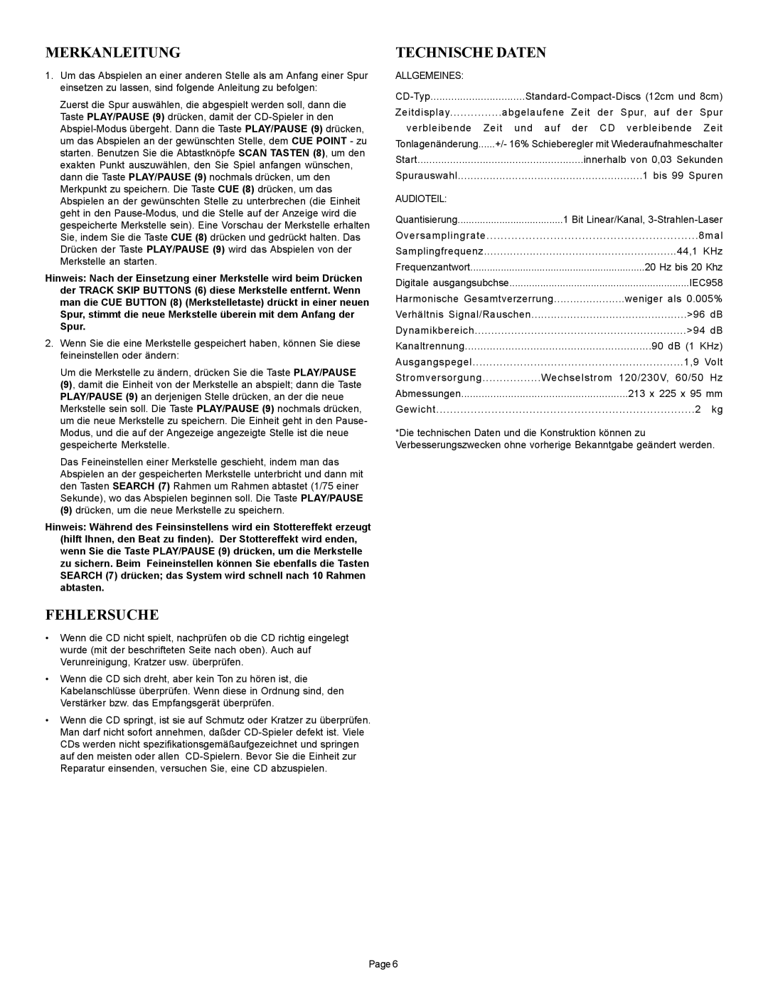 Gemini CDJ-10 manual Merkanleitung, Fehlersuche, Technische Daten 