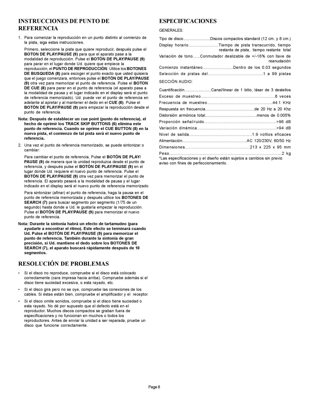 Gemini CDJ-10 manual Instrucciones De Punto De Referencia, Resolución De Problemas, Especificaciones 