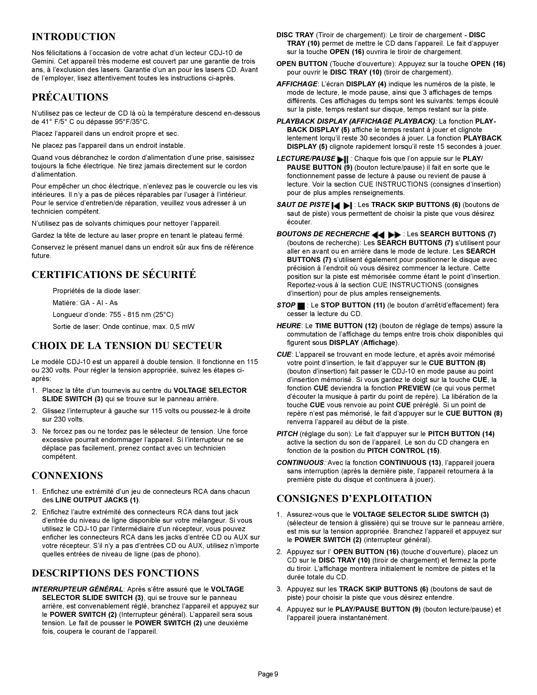 Gemini CDJ-10 manual Précautions, Certifications De Sécurité, Choix De La Tension Du Secteur, Connexions, Introduction 
