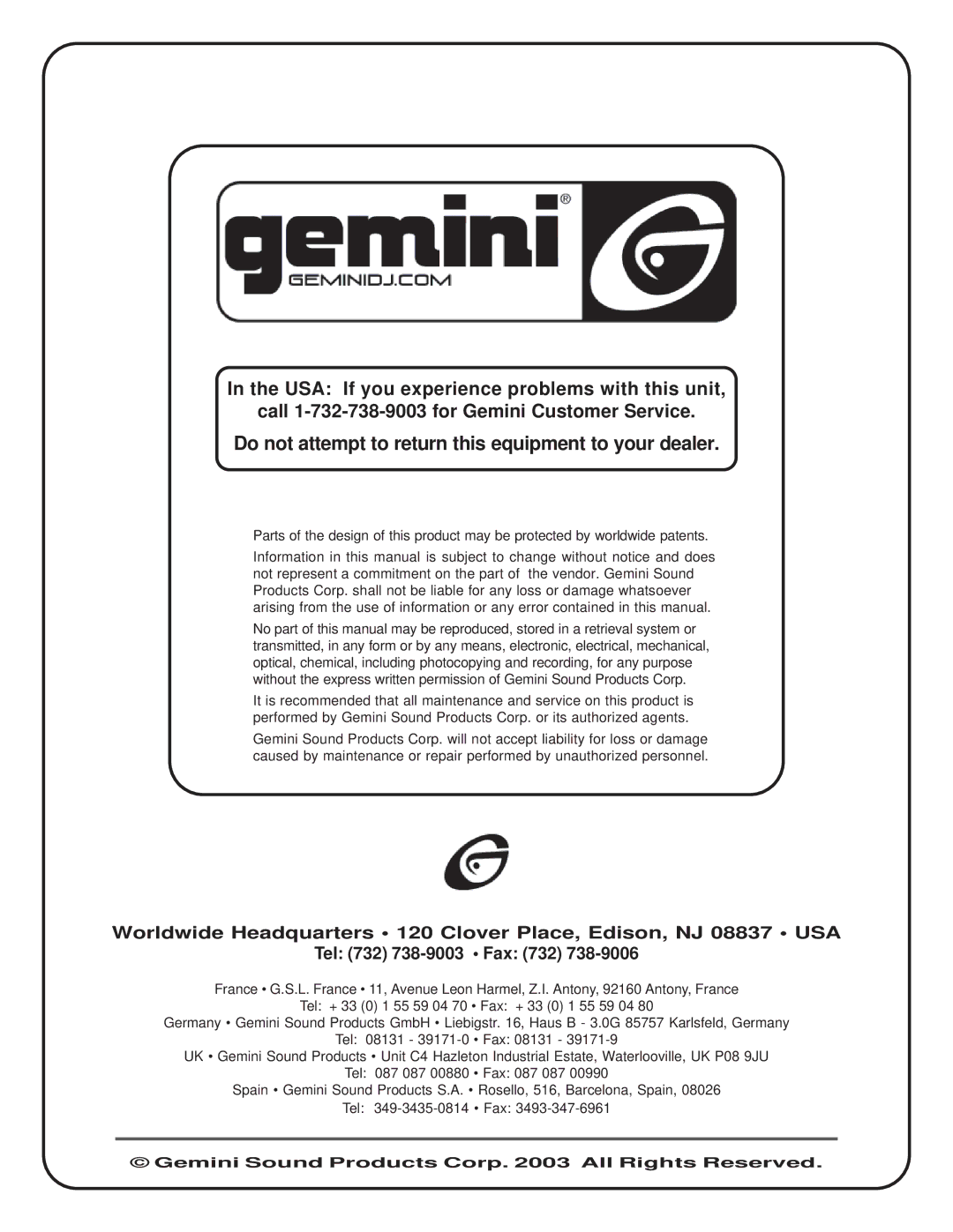 Gemini CDJ-1200 manual Do not attempt to return this equipment to your dealer 