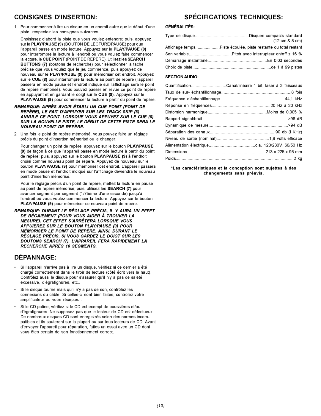 Gemini CDJ-15 manual Consignes D’INSERTION, Dépannage, Spécifications Techniques, Généralités, Section Audio 