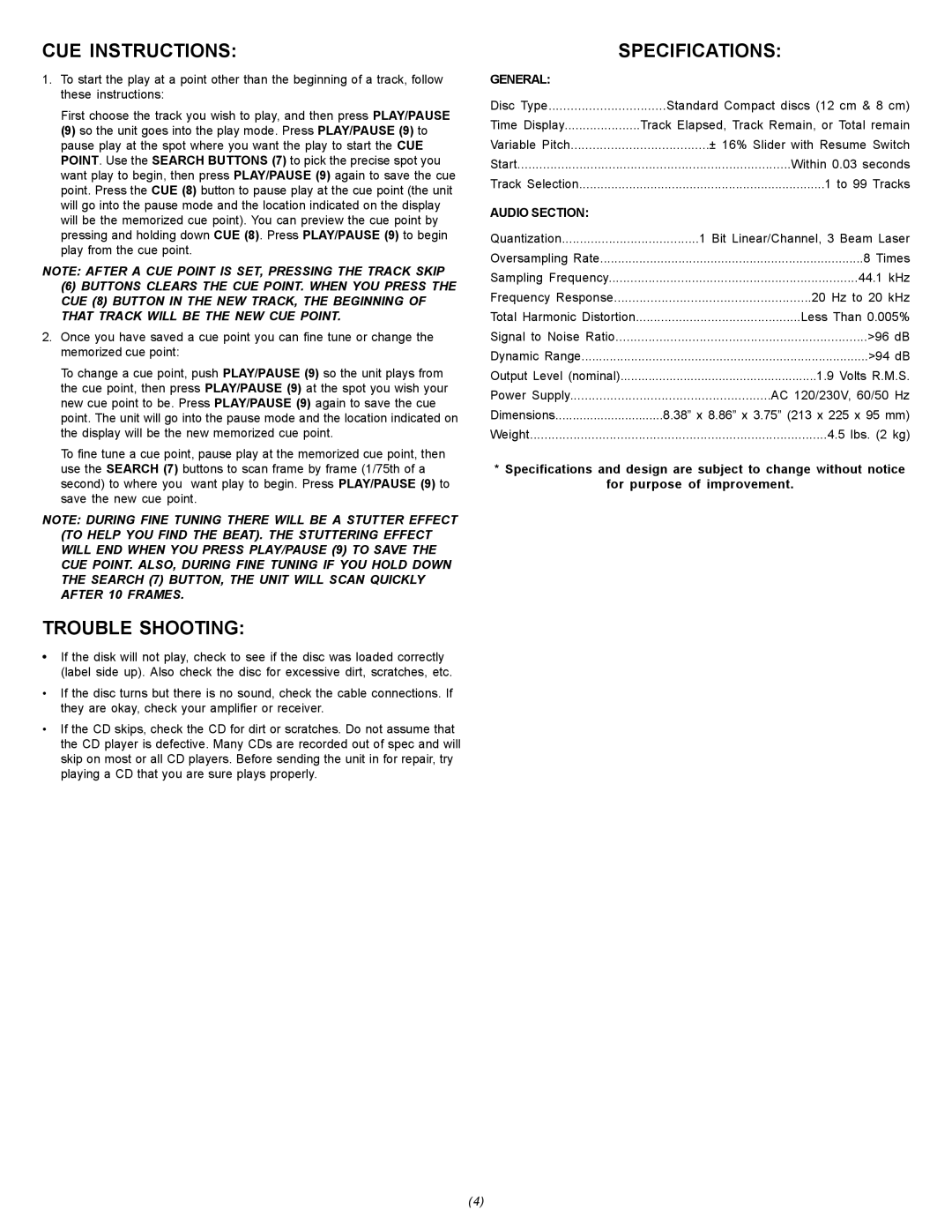 Gemini CDJ-15 manual CUE Instructions, Trouble Shooting, Specifications, General, Audio Section 