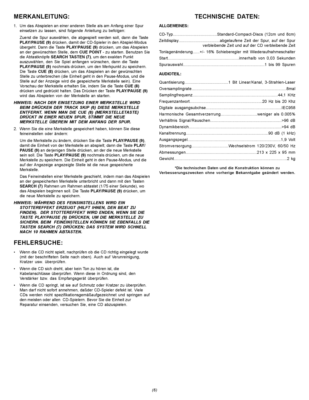 Gemini CDJ-15 manual Merkanleitung, Fehlersuche, Allgemeines, Audioteil 