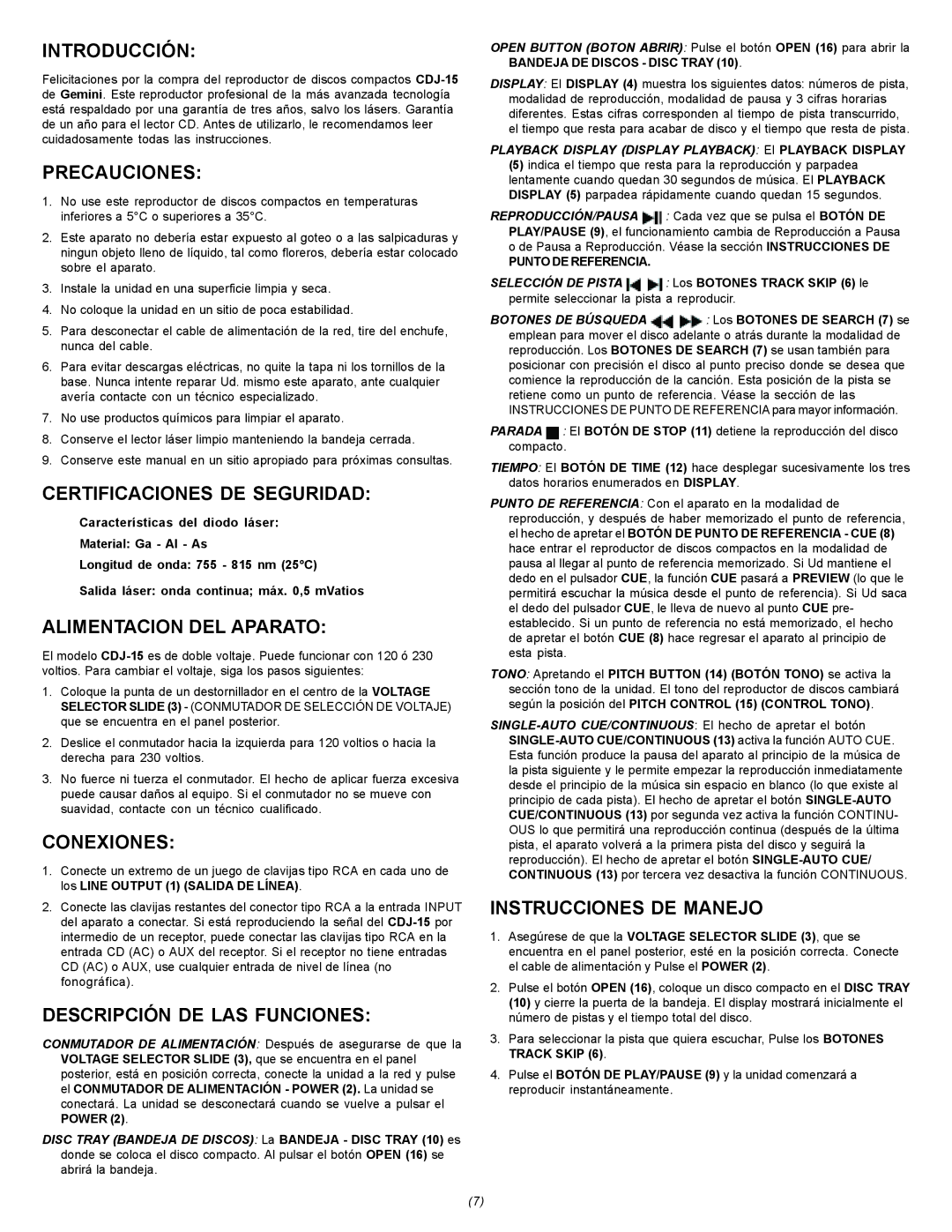 Gemini CDJ-15 manual Introducción, Precauciones, Certificaciones DE Seguridad, Alimentacion DEL Aparato, Conexiones 