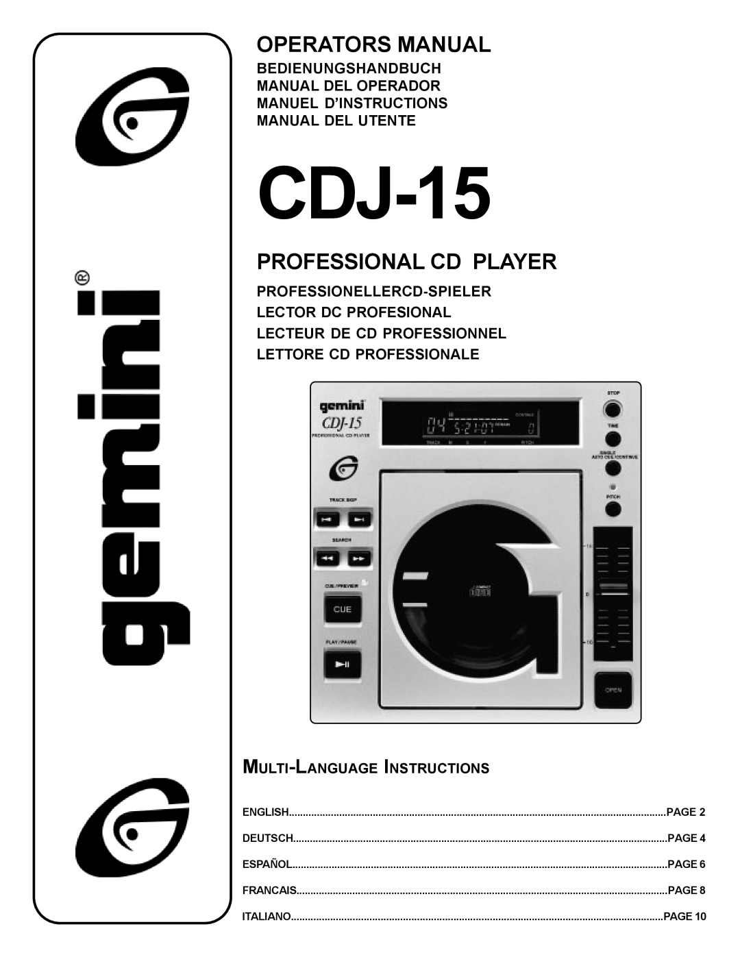 Gemini CDJ-15 manual Bedienungshandbuch Manual Del Operador, Manuel D’Instructions Manual Del Utente, Operators Manual 