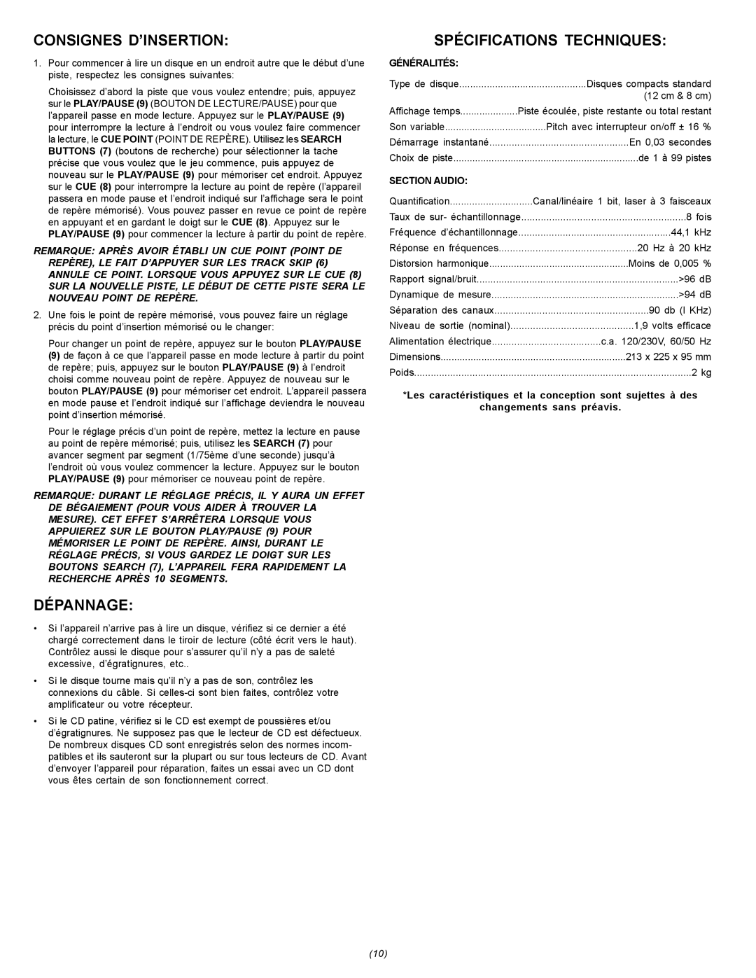 Gemini CDJ-15 manual Consignes D’Insertion, Dépannage, Spécifications Techniques, Généralités, Section Audio 