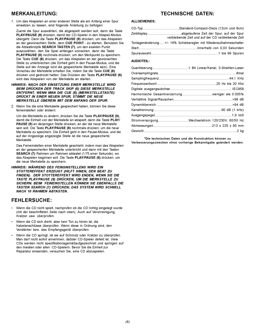 Gemini CDJ-15 manual Merkanleitung, Fehlersuche, Technische Daten, Allgemeines, Audioteil 