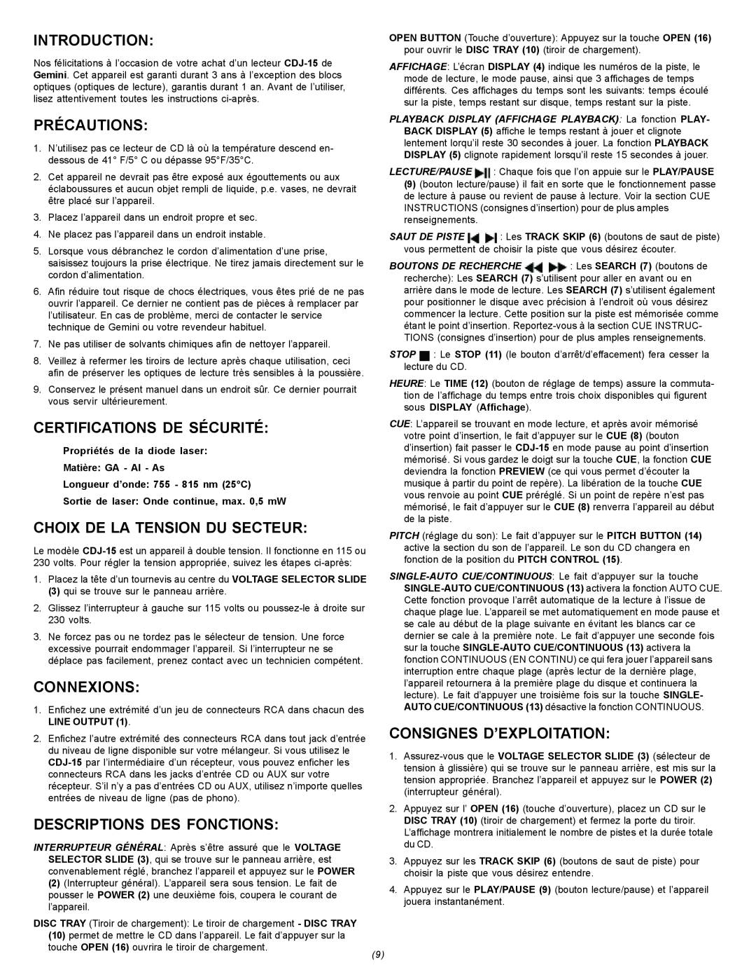 Gemini CDJ-15 manual Précautions, Certifications De Sécurité, Choix De La Tension Du Secteur, Connexions, Introduction 