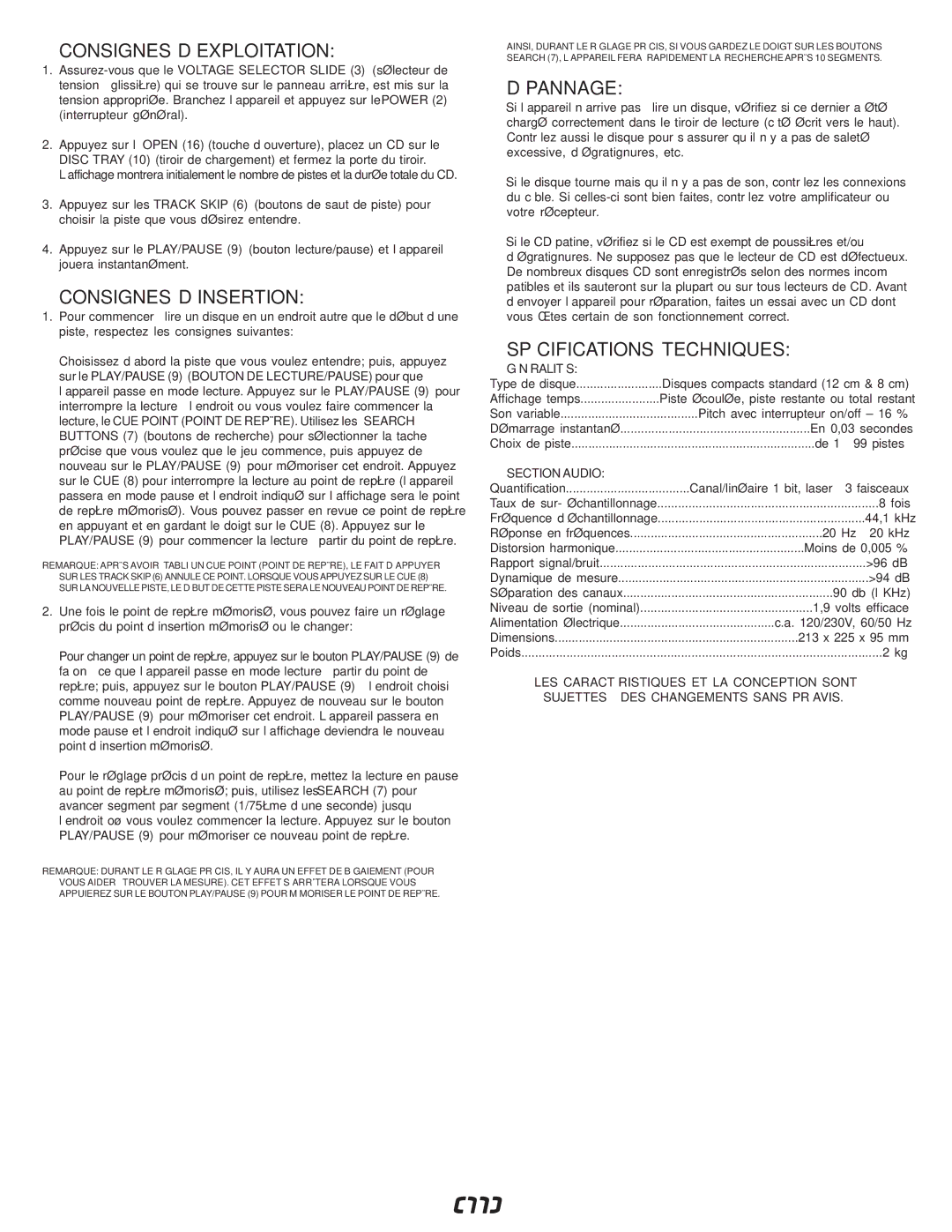 Gemini CDJ-15X manual Consignes D’EXPLOITATION, Consignes D’INSERTION, Dépannage, Spécifications Techniques 