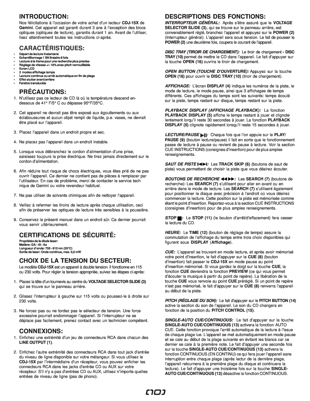 Gemini CDJ-15X manual Caractéristiques, Précautions, Certifications De Sécurité, Choix De La Tension Du Secteur, Connexions 