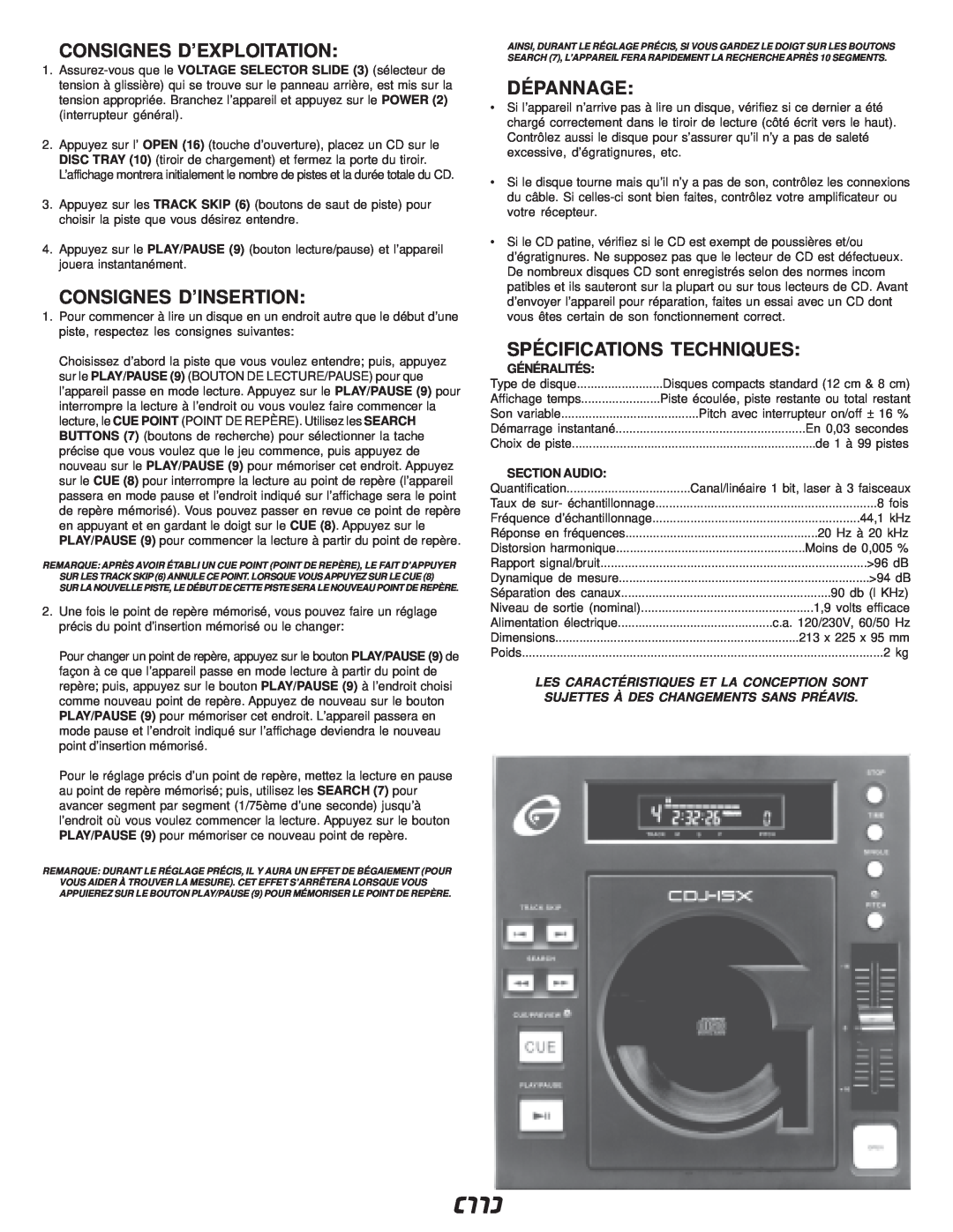 Gemini CDJ-15X manual Consignes D’Exploitation, Consignes D’Insertion, Dépannage, Spécifications Techniques, Généralités 
