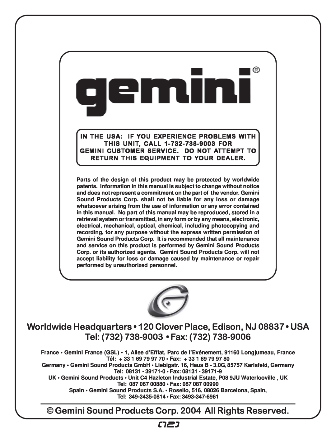 Gemini CDJ-15X manual Tel 732 738-9003 Fax, In The Usa If You Experience Problems With, THIS UNIT, CALL 1-732-738-9003FOR 