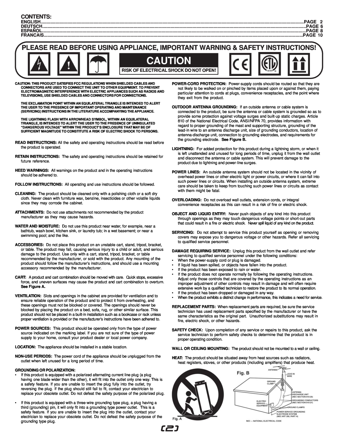 Gemini CDJ-15X manual Page, Risk Of Electrical Shock Do Not Open, Francais, See Figure A, Grounding Or Polarization 