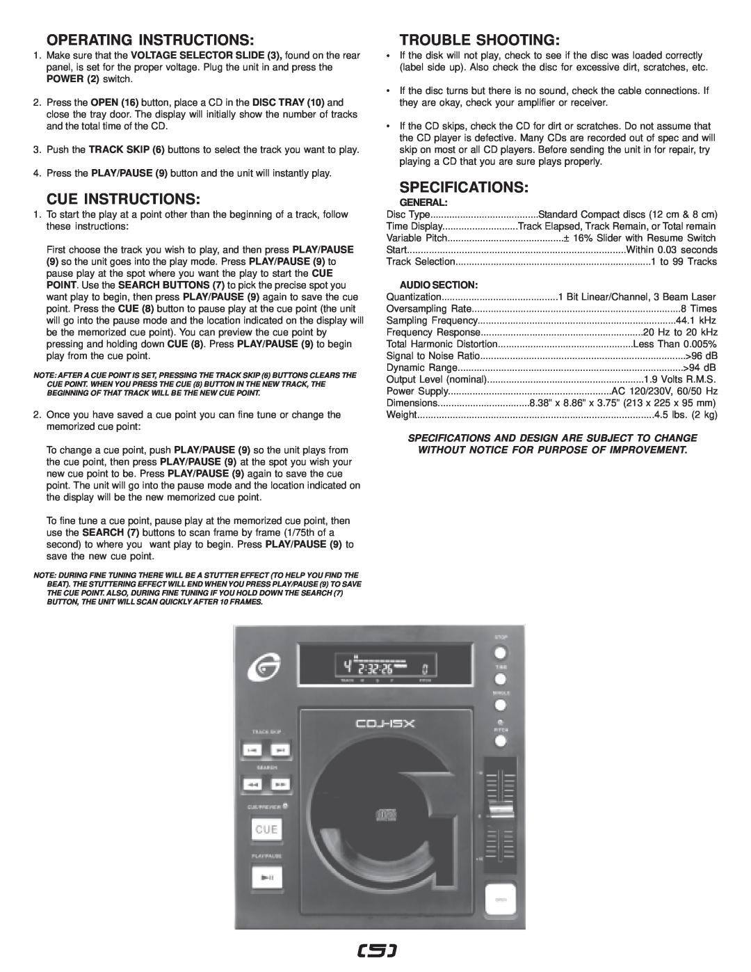 Gemini CDJ-15X manual Operating Instructions, Cue Instructions, Trouble Shooting, Specifications, General, Audio Section 