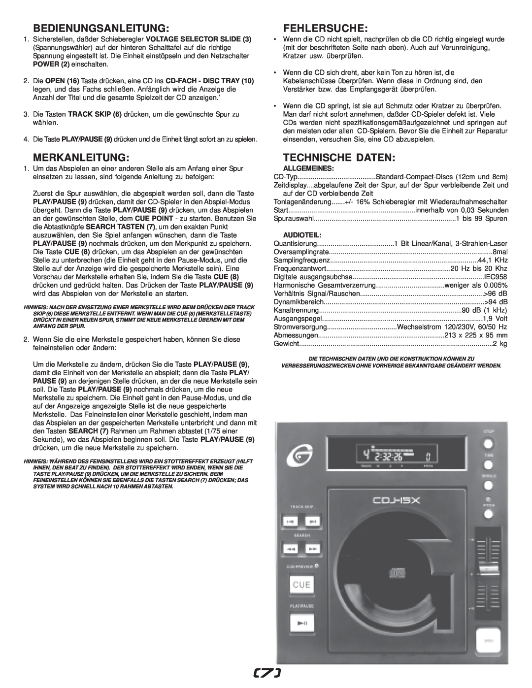 Gemini CDJ-15X manual Bedienungsanleitung, Merkanleitung, Fehlersuche, Technische Daten, Allgemeines, Audioteil 