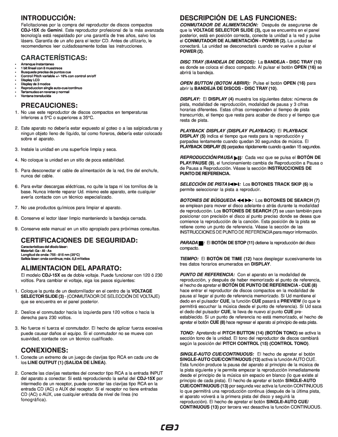 Gemini CDJ-15X manual Introducción, Características, Precauciones, Certificaciones De Seguridad, Alimentacion Del Aparato 
