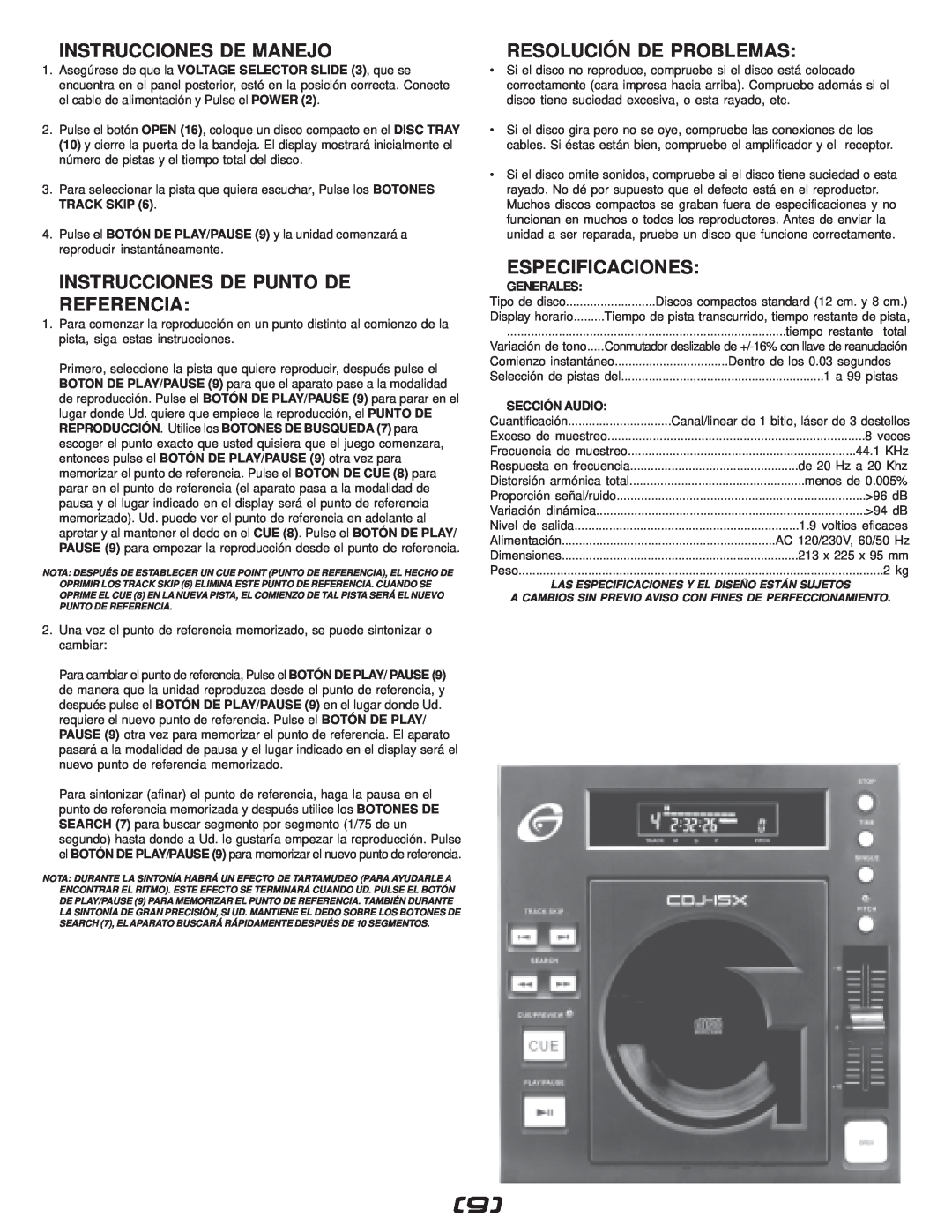 Gemini CDJ-15X Instrucciones De Manejo, Instrucciones De Punto De Referencia, Resolución De Problemas, Especificaciones 