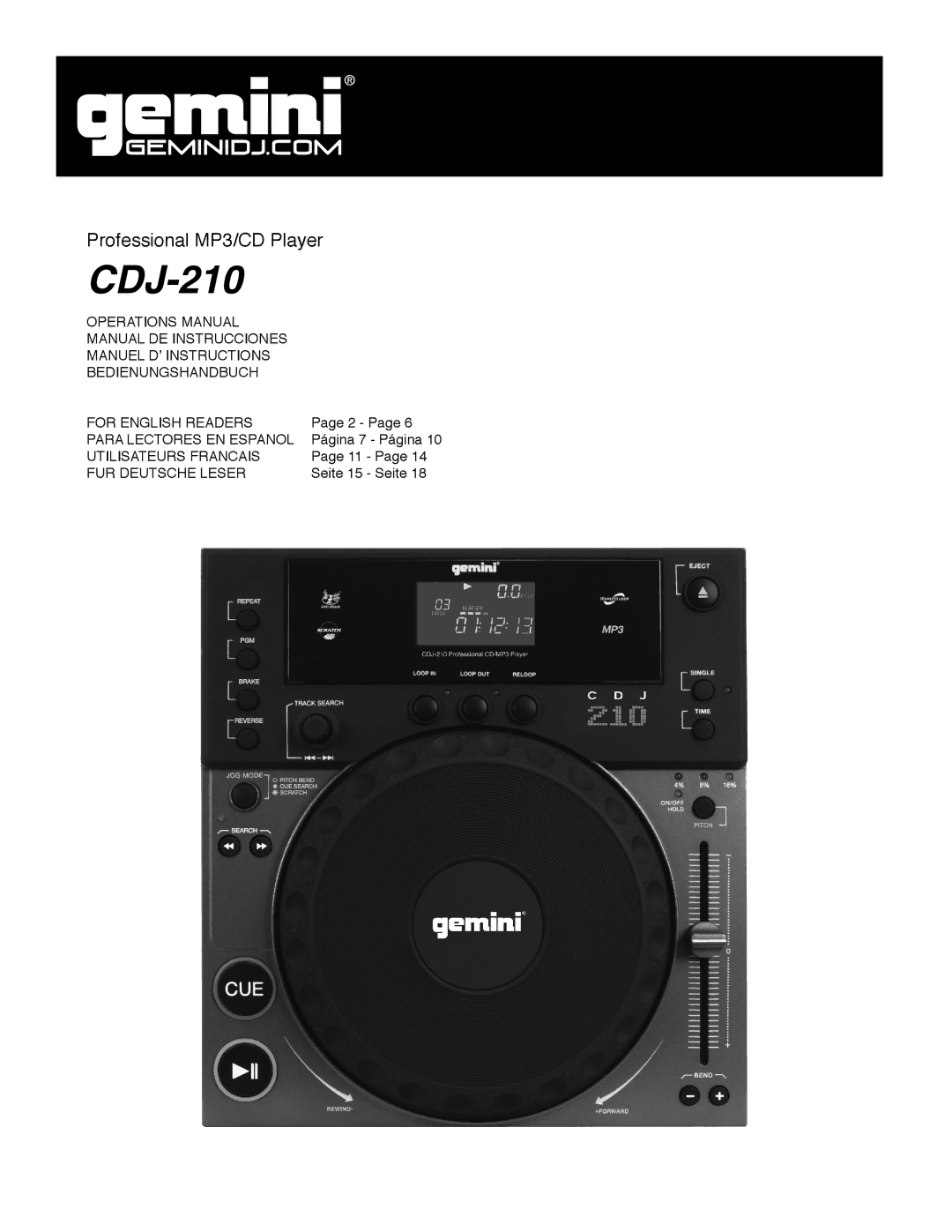 Gemini CDJ-210 manual Utilisateurs Francais FUR Deutsche Leser 