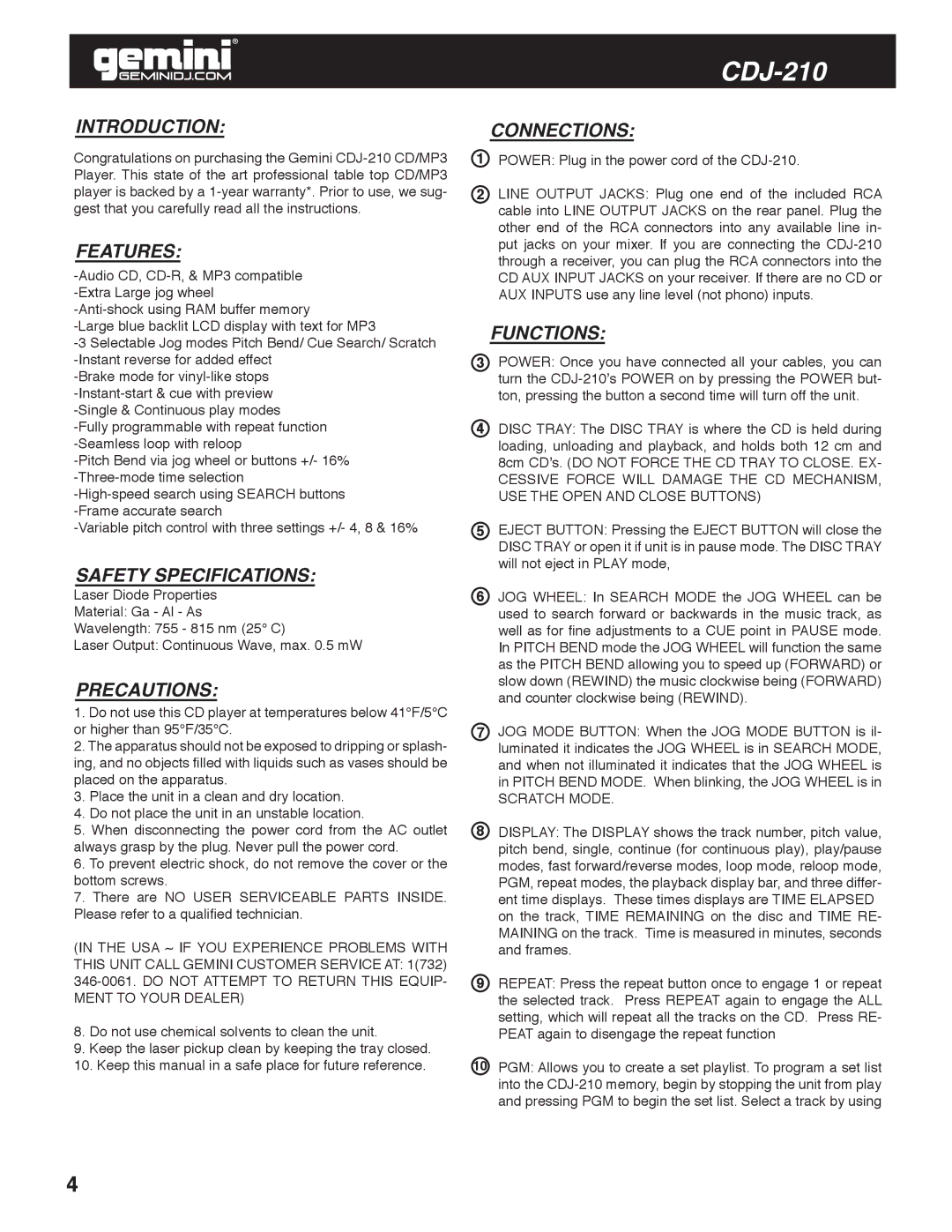 Gemini CDJ-210 manual Introduction, Features, Safety Specifications, Precautions, Connections, Functions 