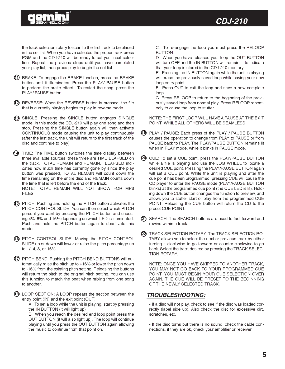 Gemini CDJ-210 manual Troubleshooting, Tion Rotary 