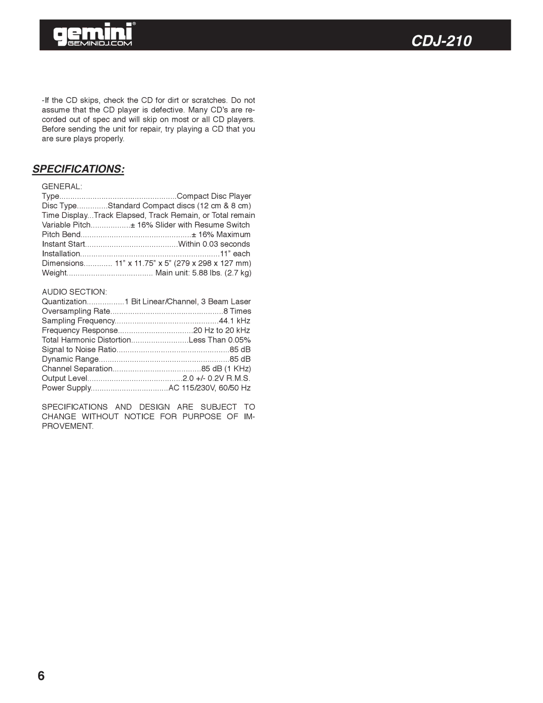 Gemini CDJ-210 manual Specifications, Audio Section 