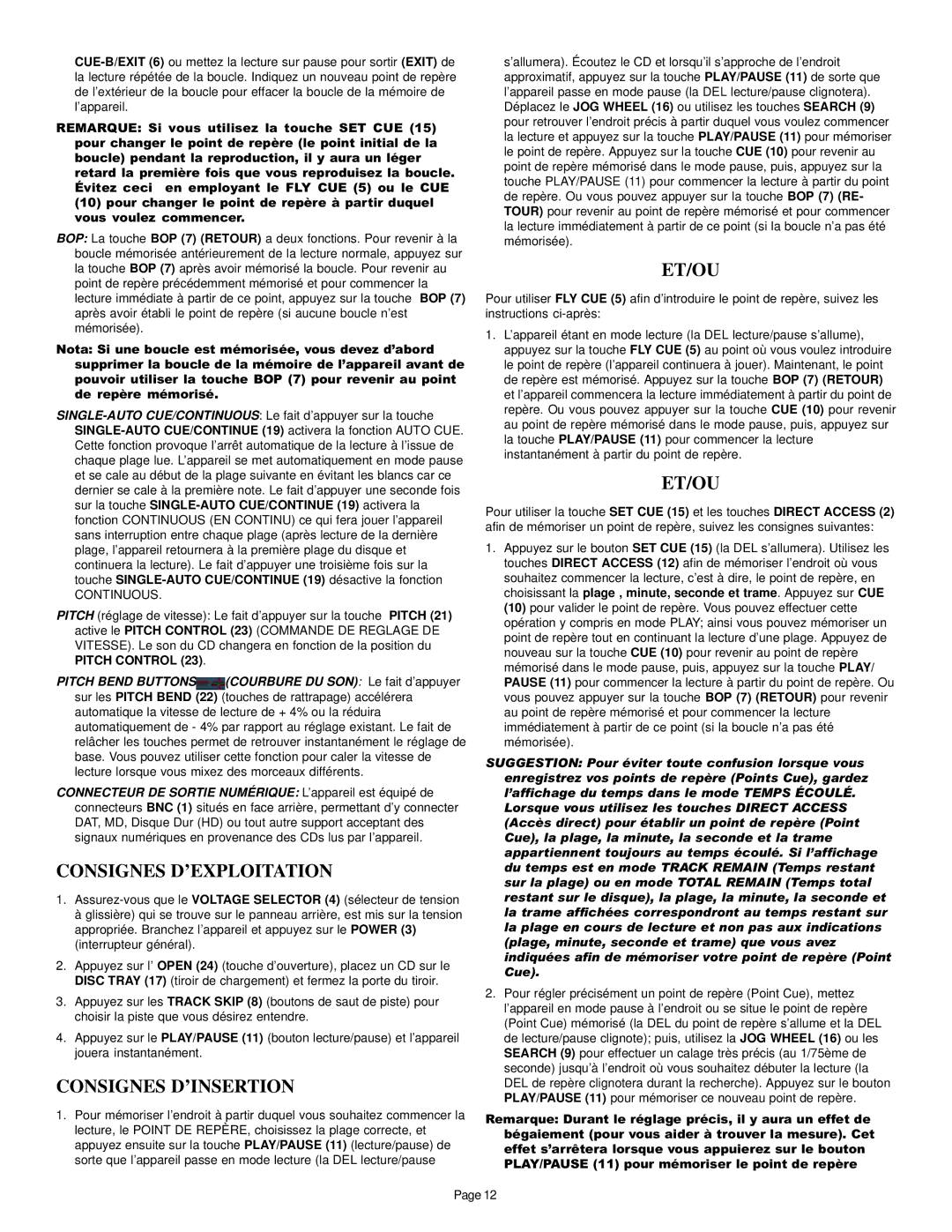 Gemini CDJ-30 manual Consignes D’EXPLOITATION, Consignes D’INSERTION, Et/Ou, Continuous 