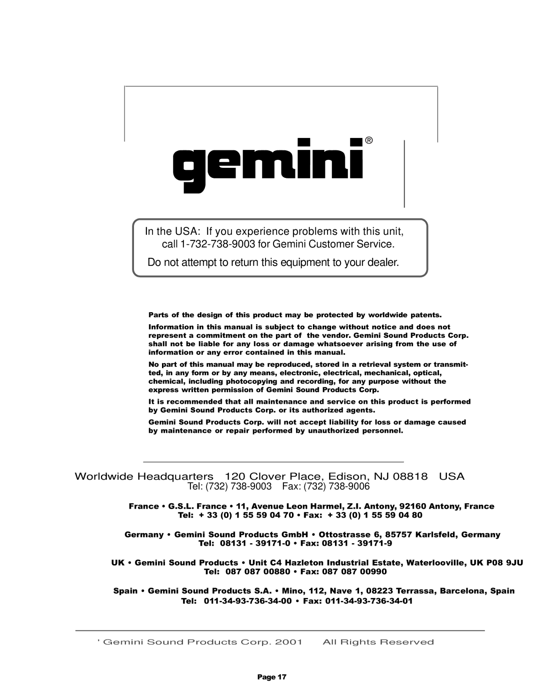 Gemini CDJ-30 manual Do not attempt to return this equipment to your dealer 