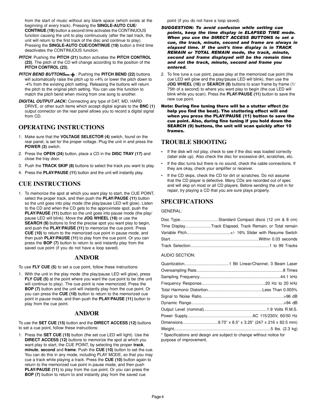 Gemini CDJ-30 manual Operating Instructions, CUE Instructions, And/Or, Trouble Shooting, Specifications 