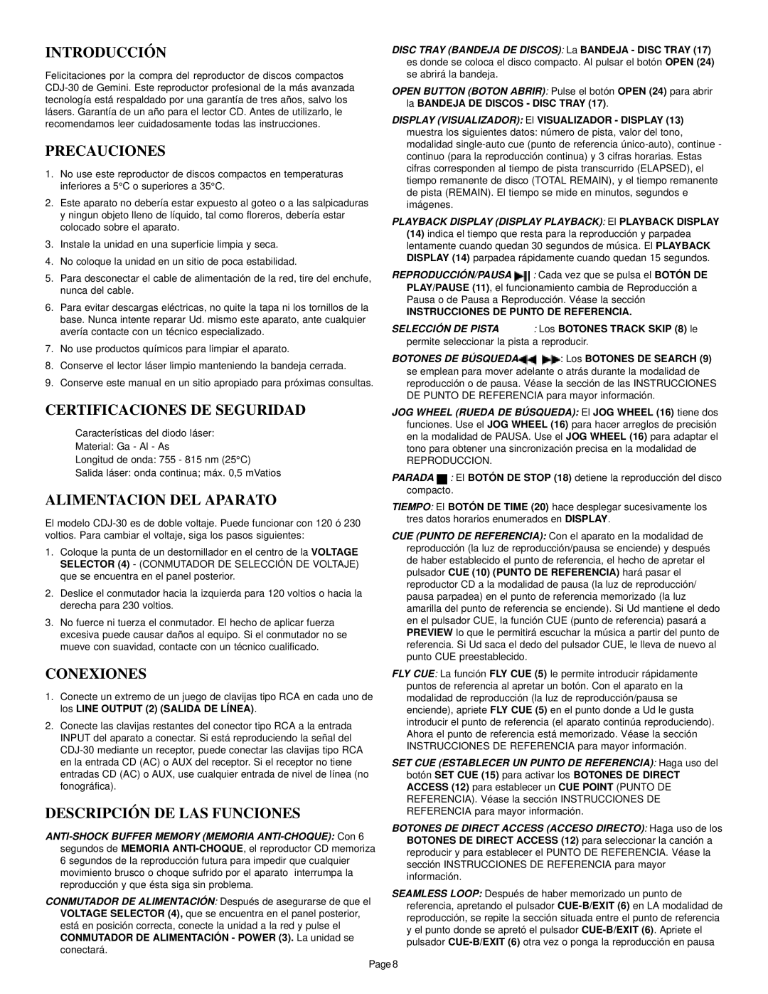 Gemini CDJ-30 manual Introducción, Precauciones, Certificaciones DE Seguridad, Alimentacion DEL Aparato, Conexiones 