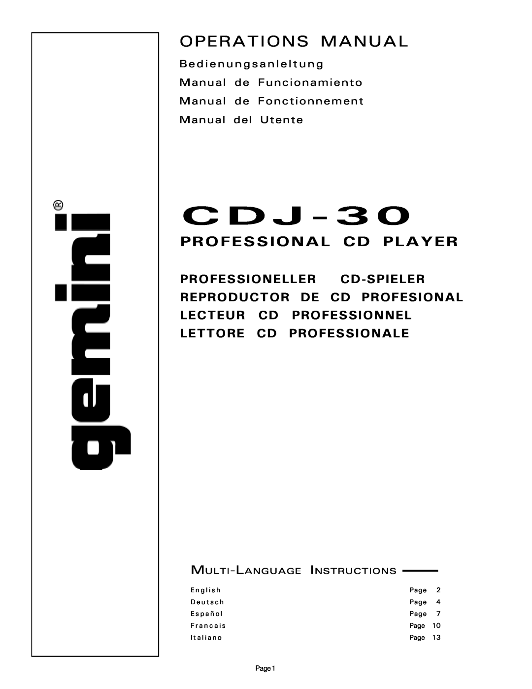 Gemini CDJ-30 manual B e d i e n u n g s a n l e l t u n g, Manual de Funcionamiento Manual de Fonctionnement, Cdj 