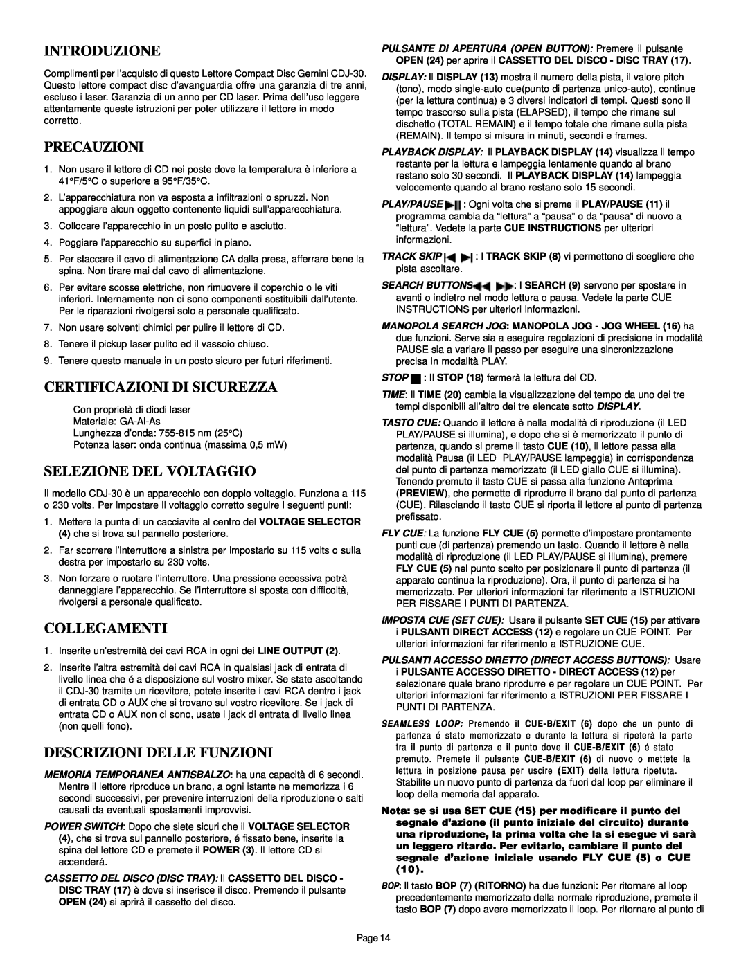 Gemini CDJ-30 manual Introduzione, Precauzioni, Certificazioni Di Sicurezza, Selezione Del Voltaggio, Collegamenti 