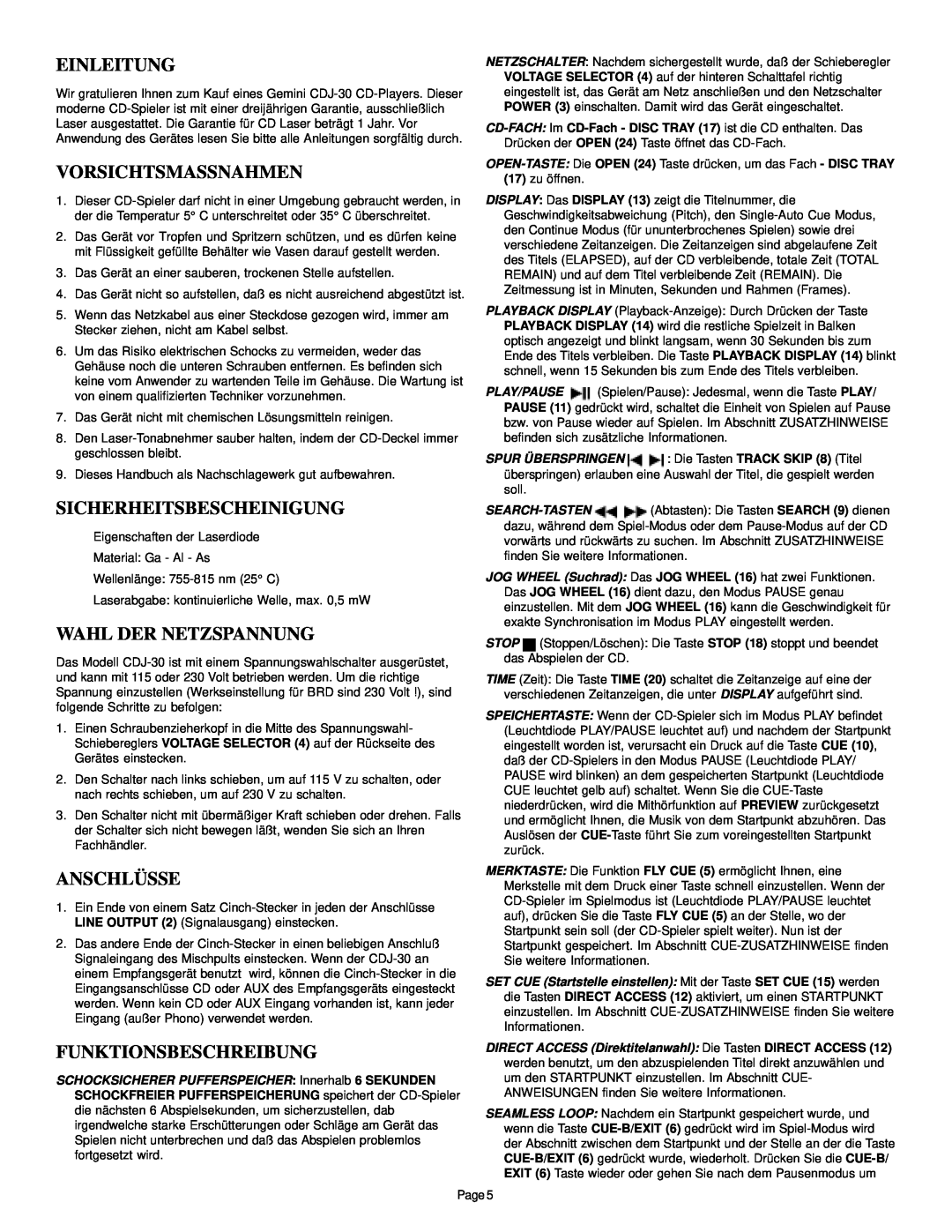 Gemini CDJ-30 manual Einleitung, Vorsichtsmassnahmen, Sicherheitsbescheinigung, Wahl Der Netzspannung, Anschlüsse 