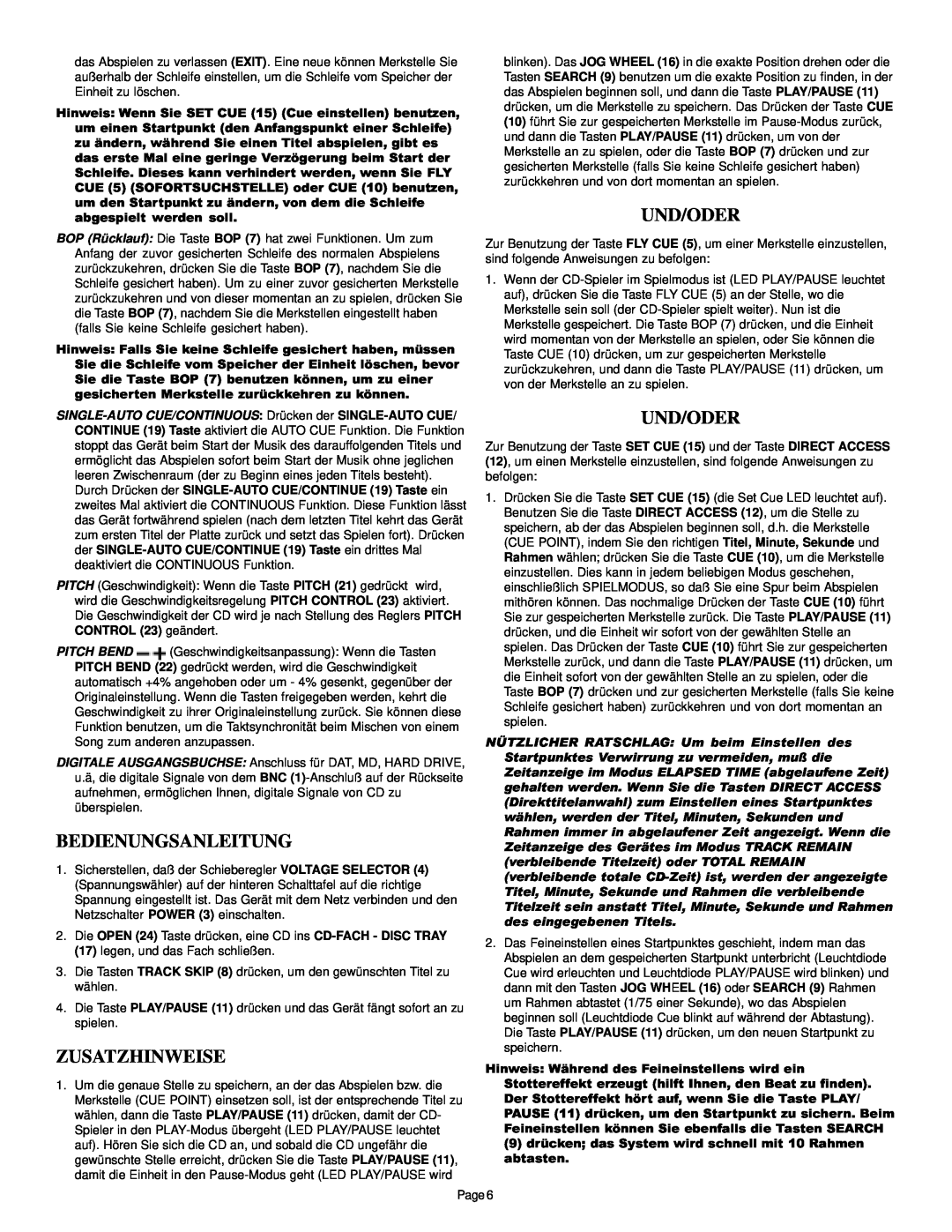 Gemini CDJ-30 manual Bedienungsanleitung, Zusatzhinweise, Und/Oder 
