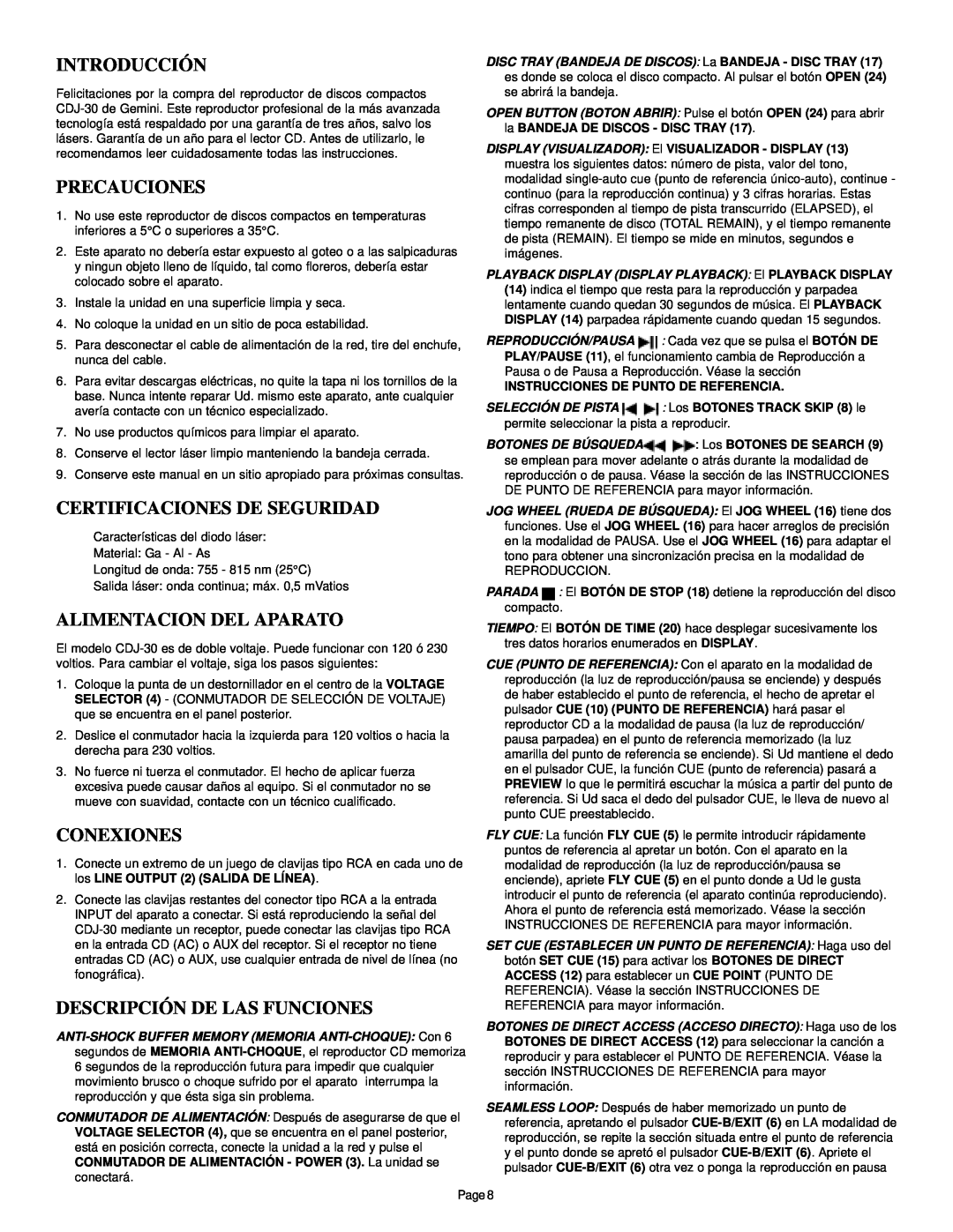 Gemini CDJ-30 manual Introducción, Precauciones, Certificaciones De Seguridad, Alimentacion Del Aparato, Conexiones 