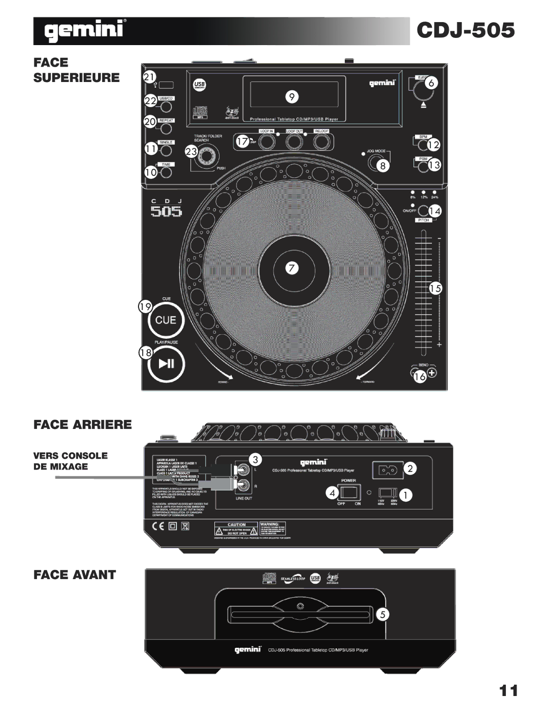 Gemini CDJ-505 manual Face Superieure Face Arriere, Face Avant 