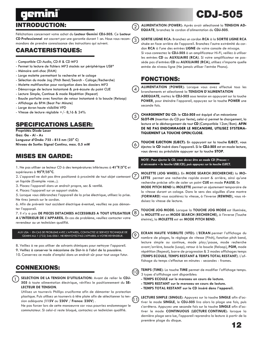 Gemini CDJ-505 manual Caracteristiques, Fonctions, Specifications Laser, Mises EN Garde, Connexions 