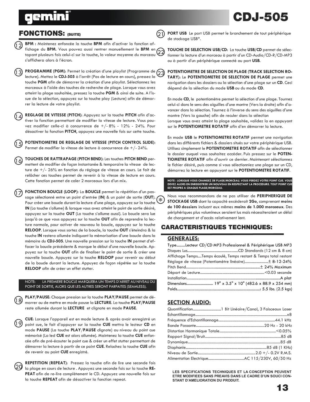 Gemini CDJ-505 manual Fonctions Suite, Generales, Section Audio 