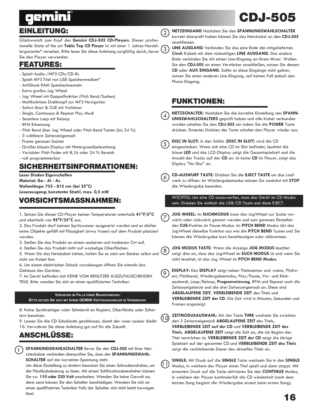 Gemini CDJ-505 manual Einleitung, Sicherheitsinformationen, Funktionen, Vorsichtsmassnahmen, Anschlüsse 