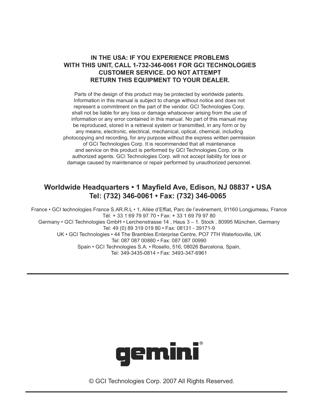 Gemini CDJ-505 manual GCI Technologies Corp All Rights Reserved 