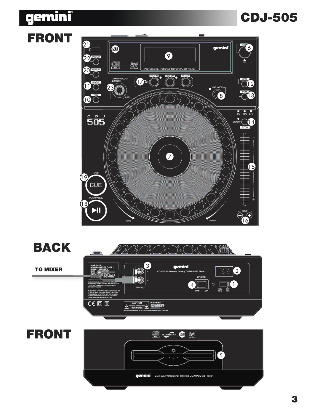 Gemini CDJ-505 manual Front Back 