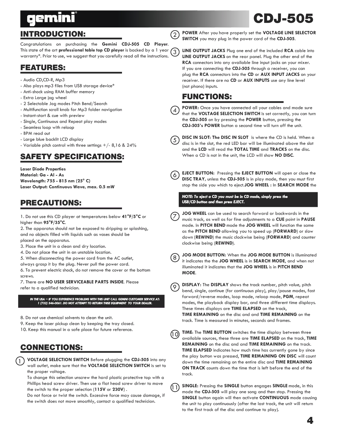 Gemini CDJ-505 manual Introduction, Features, Safety Specifications, Functions, Precautions, Connections 