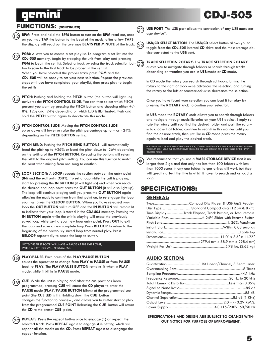 Gemini CDJ-505 manual Specifications, General, Audio Section 