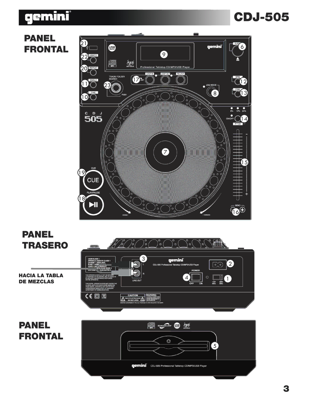 Gemini CDJ-505 manual Panel Frontal 