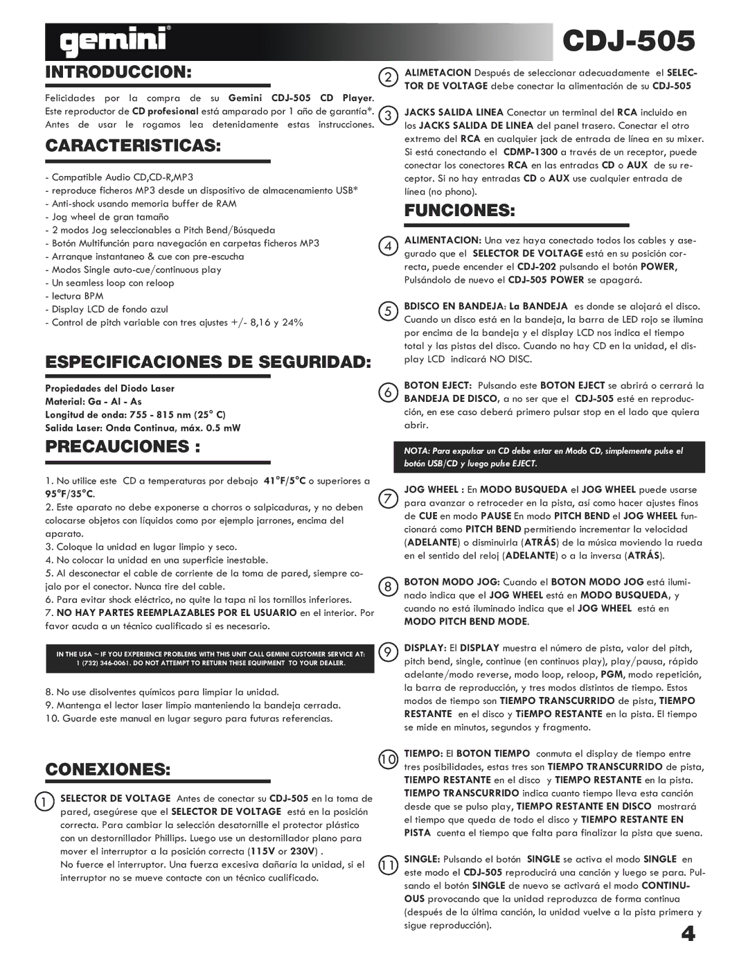 Gemini CDJ-505 manual Introduccion, Caracteristicas, Funciones, Especificaciones DE Seguridad, Precauciones, Conexiones 