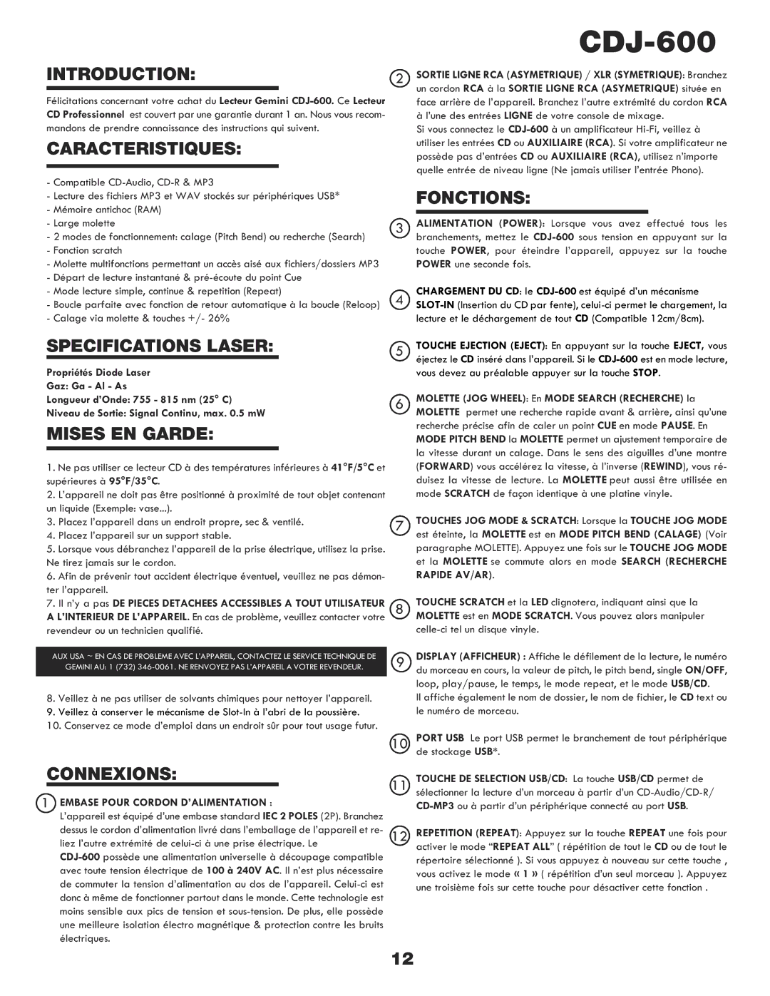 Gemini CDJ-600 manual Caracteristiques, Specifications Laser, Mises EN Garde, Connexions, Fonctions 