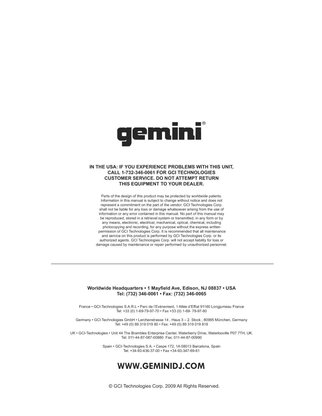 Gemini CDJ-600 manual GCI Technologies Corp All Rights Reserved 